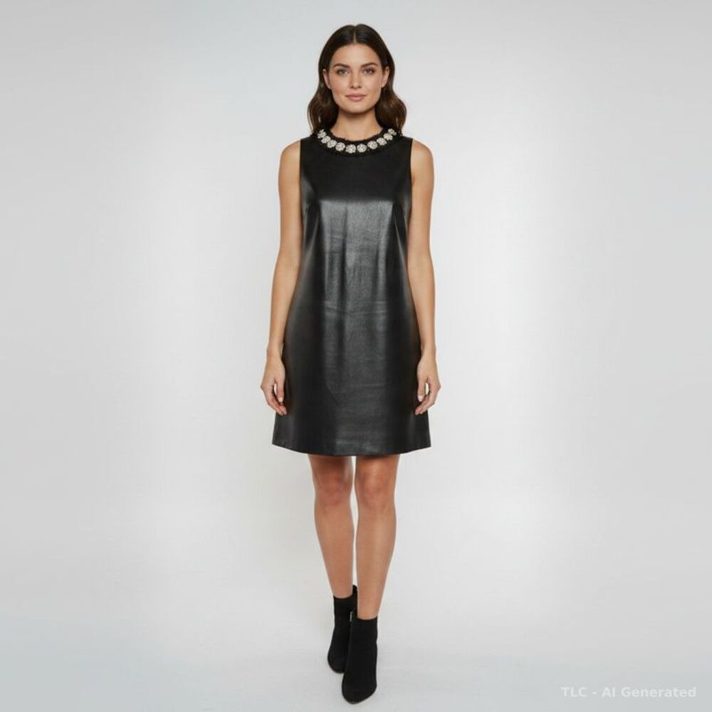 Alice + Olivia Black Leather Pearl Embellished Coley Mini Dress M